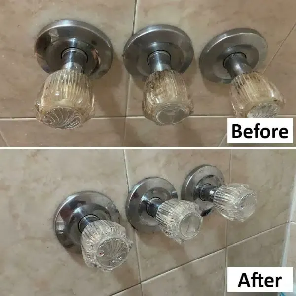 Shower fixtures before and after cleaning