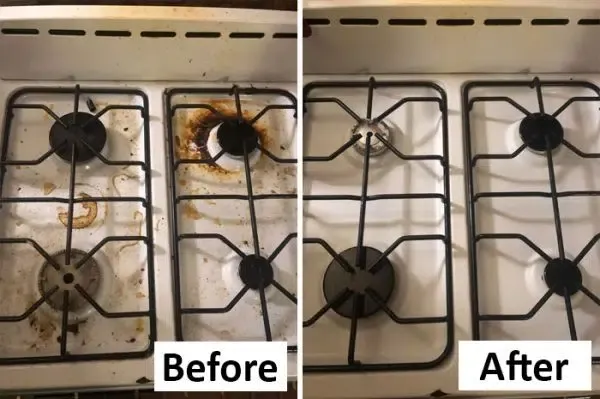 Kitchen stovetop before and after cleaning