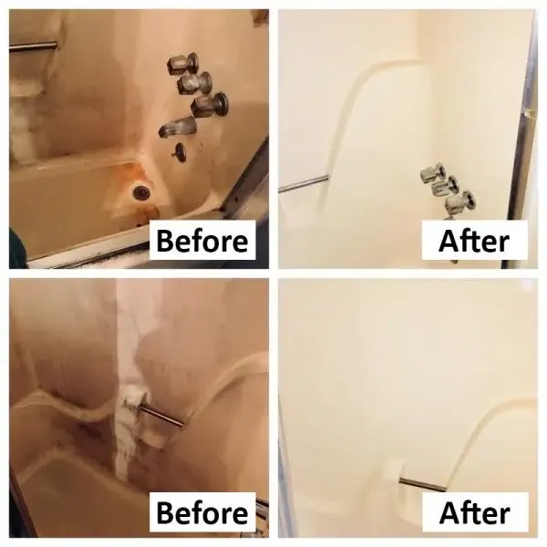 Bathtub and shower surround before and after cleaning