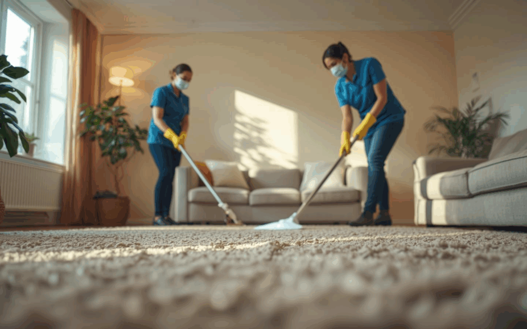 A pair of professional cleaners cleaning the carpet