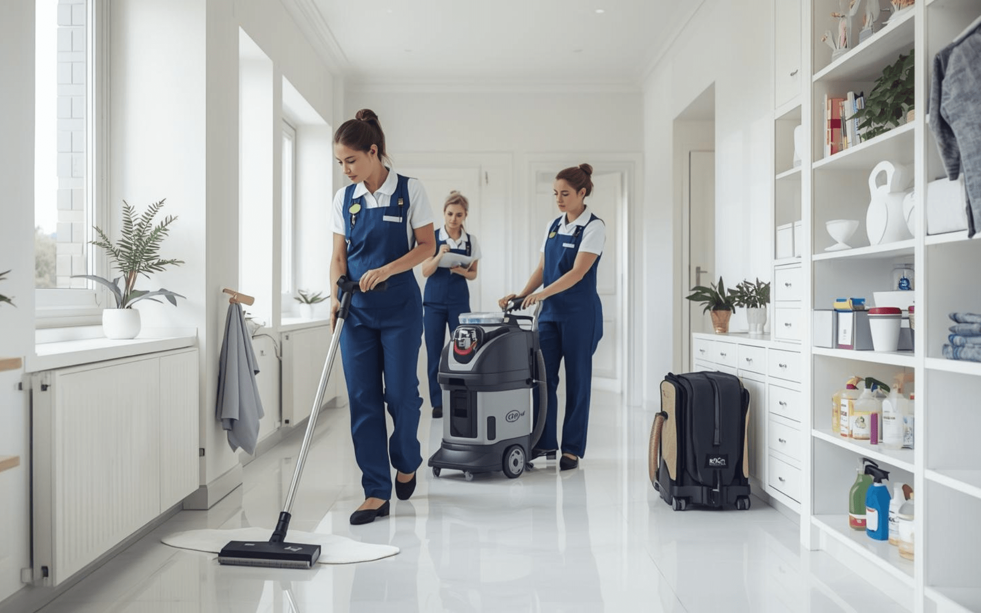 Team of professional cleaners in uniforms working in a bright modern hallway, using a floor mop, industrial cleaning machine, and checklist for quality control.