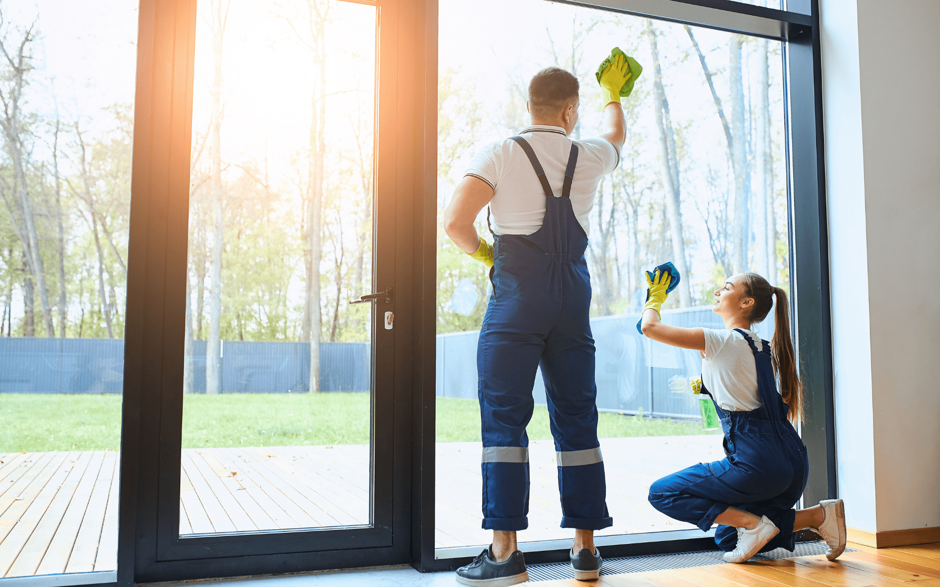 Professional cleaners wiping large glass windows with microfiber cloths, residential window cleaning service