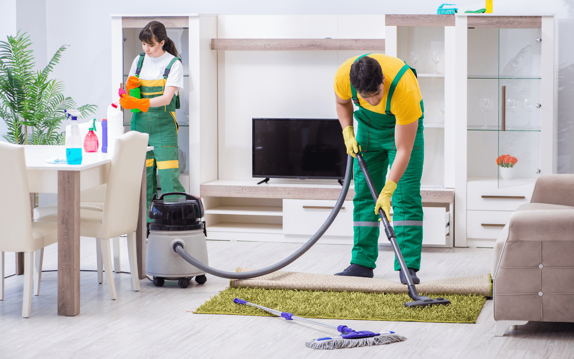 Cleaner vacuuming carpet in modern living room – home carpet cleaning services.