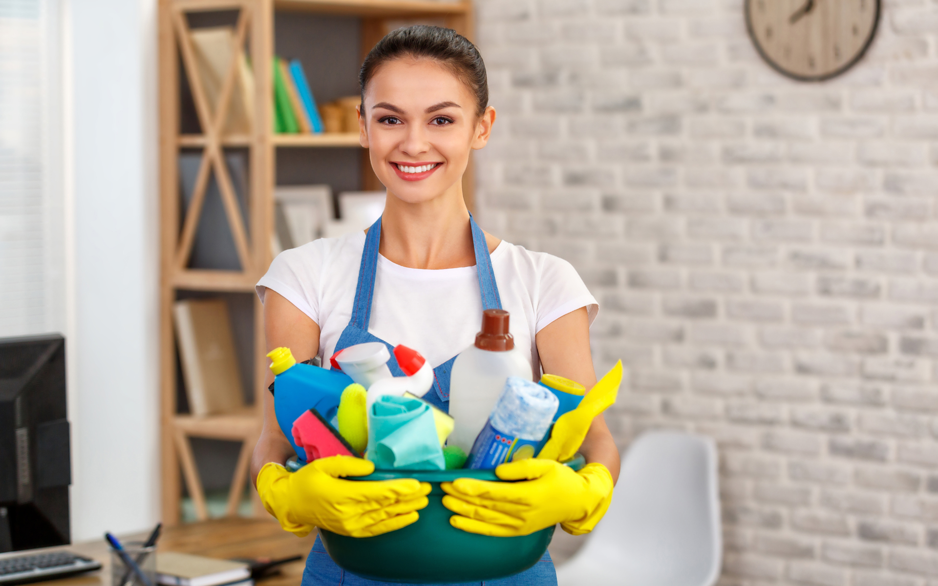 Smiling professional cleaner wearing gloves and apron holding a bucket of cleaning supplies at Next Day Cleaning.
