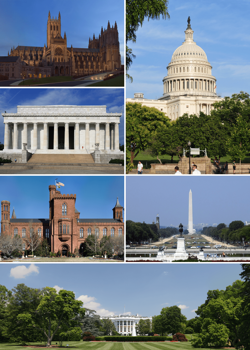 Famous landmarks in Washington DC including the US Capitol, Lincoln Memorial, Washington Monument, White House, Smithsonian Castle, and National Cathedral.