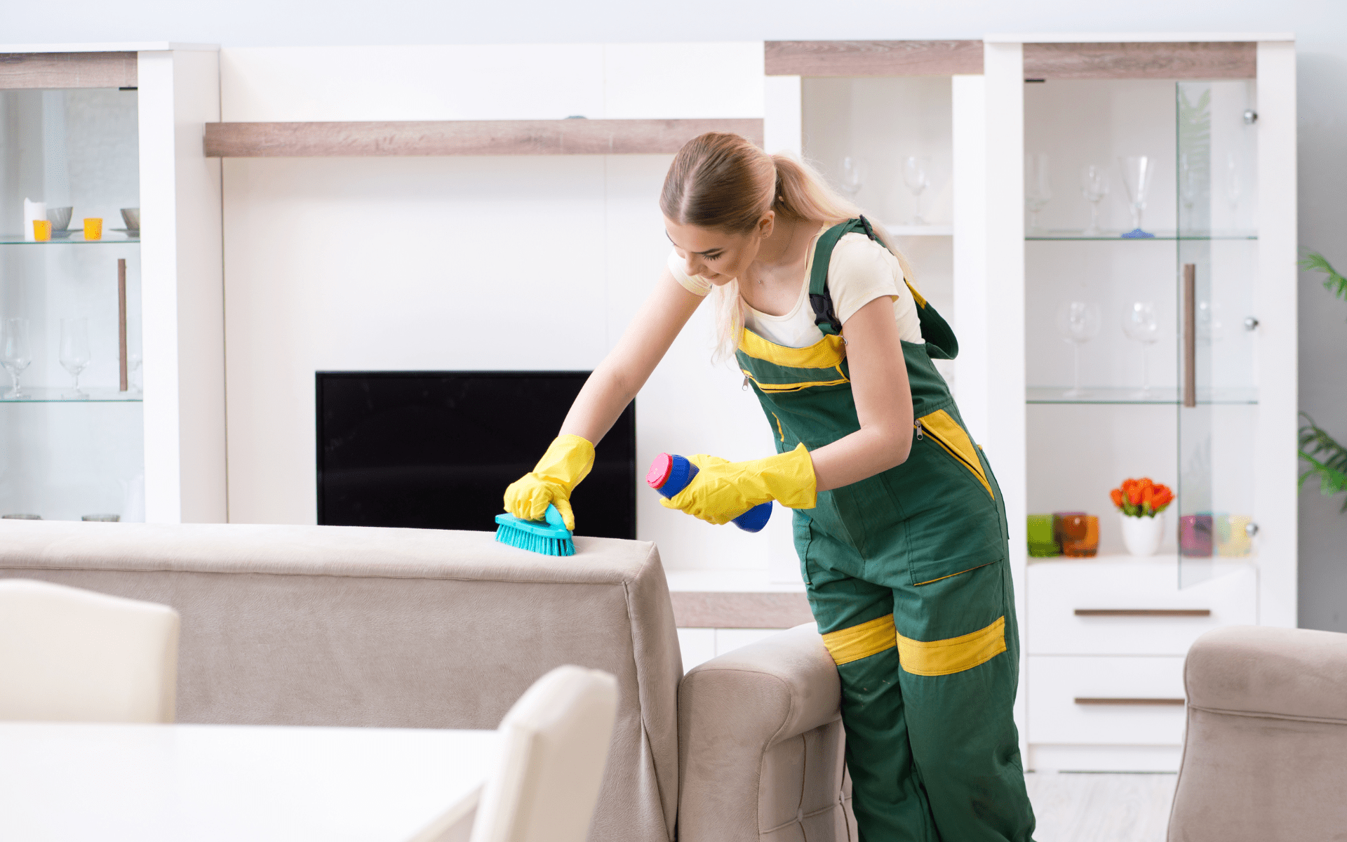 Woman scrubbing back of sofa with cleaning brush – upholstery stain removal service.